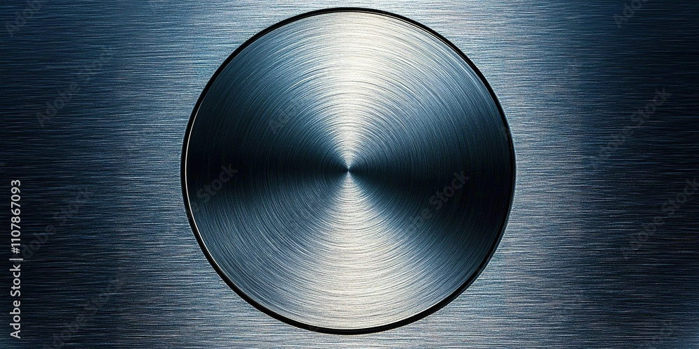 Poster close-up view of a brushed metallic circular button on a sleek surface in a modern environment