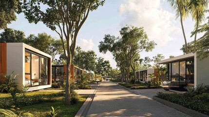 Fototapeta premium A street lined with modular houses and adjacent trees