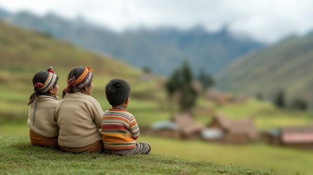 Three Peruvian children are sitting on the grass, looking out over the mountains