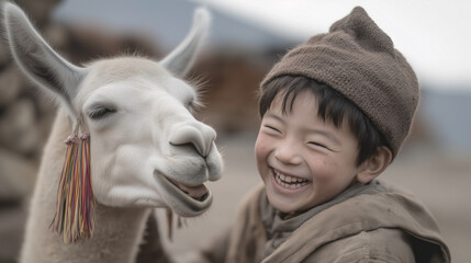 A Quechua child smiles and laughs while caressing a white llama