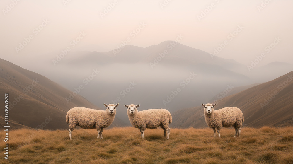Poster three sheep standing in a field with mountains in the background