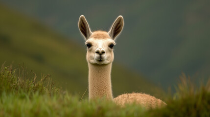 Obraz premium A baby llama is standing in a grassy field