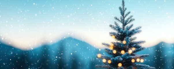 Wide banner. Snowy Christmas tree with lights against a winter landscape.