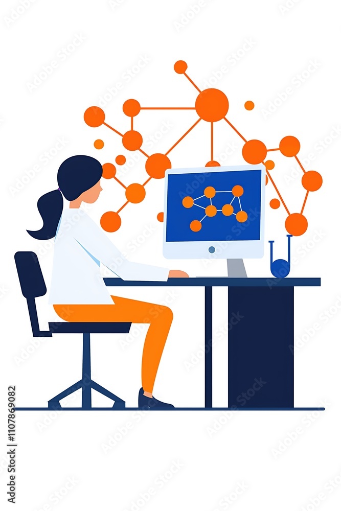 Poster scientist working at computer with molecule graphics