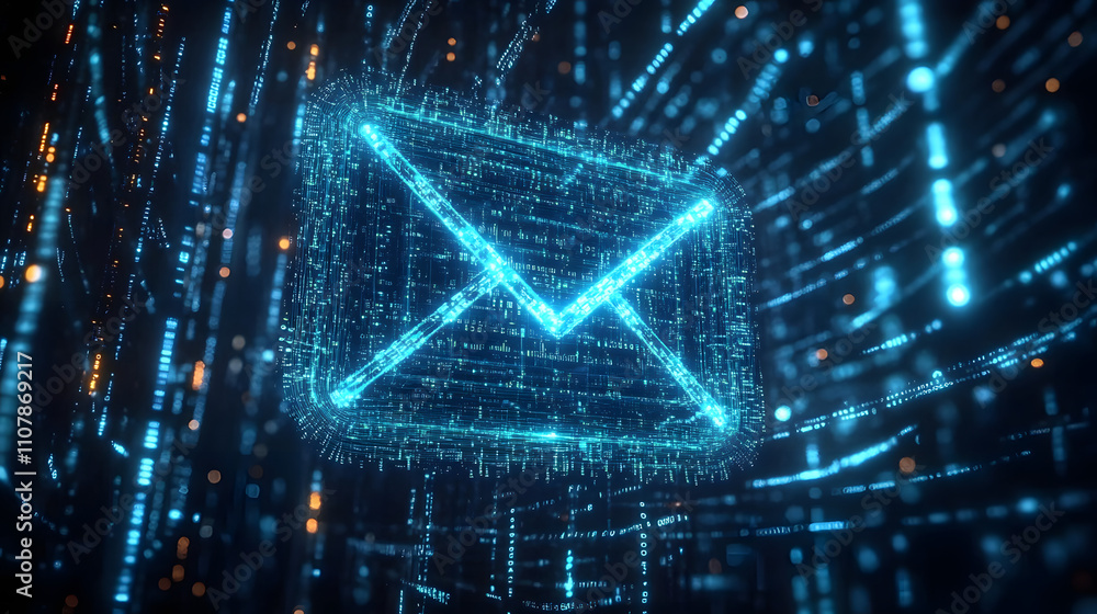 Poster a glowing blue mail icon surrounded by streams of digital data, symbolizing the fast flow of electro