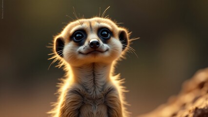 Fototapeta premium A close-up of a meerkat, 60% face, 40% body. Its alert eyes, small ears, and slender body stand out, surrounded by soft lighting that highlights its vigilant, curious nature.