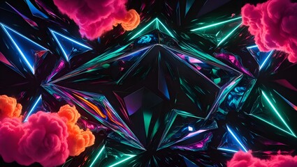 Prism reflections and abstract light refraction combine geometric shapes with bright neon light effects to produce dazzling, colorful patterns and shapes on a dark background.