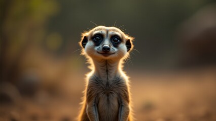 Fototapeta premium A close-up of a meerkat, 60% face, 40% body. Its alert eyes, small ears, and slender body stand out, surrounded by soft lighting that highlights its vigilant, curious nature.