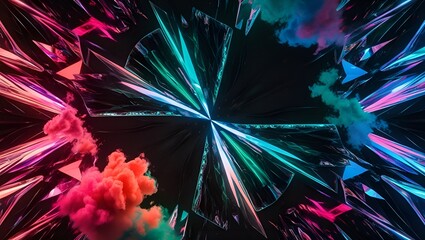 Prism reflections and abstract light refraction combine geometric shapes with bright neon light effects to produce dazzling, colorful patterns and shapes on a dark background.