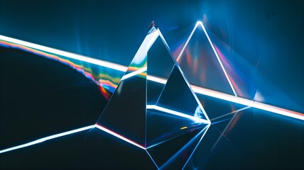Prism reflections and abstract light refraction combine geometric shapes with bright neon light effects to produce dazzling, colorful patterns and shapes on a dark background.