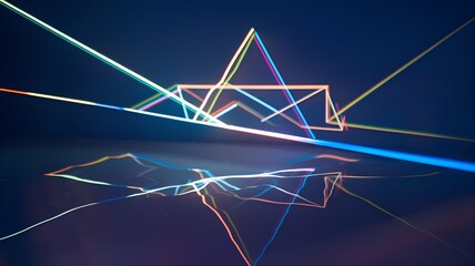 Prism reflections and abstract light refraction combine geometric shapes with bright neon light effects to produce dazzling, colorful patterns and shapes on a dark background.