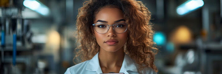 A female scientist in a modern lab stands with a clipboard, her confident and knowledgeable expression conveying determination and insight in the research process, banner