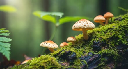 Vibrant mushrooms thriving on mossy log