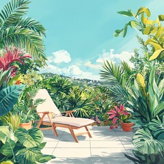 Fototapeta premium Pastel background, a lounge chair on a sunlit patio surrounded by vibrant tropical plants and bright summer skies
