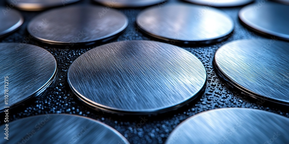 Aufkleber close-up view of brushed metal circles arranged in a geometric pattern on a textured surface in a di