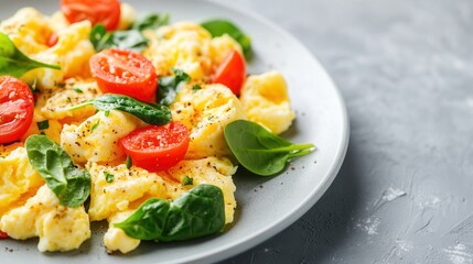 Nutritious scrambled eggs with spinach and tomatoes served on a plate for a healthy breakfast choice