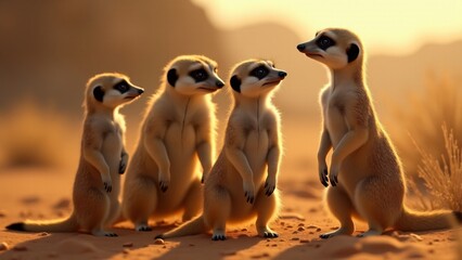 A meerkat family standing alert on their hind legs in the desert, watching for danger. Their curious expressions and teamwork are highlighted against a warm, arid savanna backdrop.