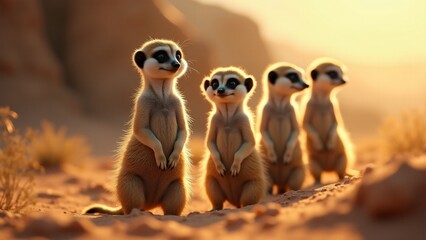 A meerkat family standing alert on their hind legs in the desert, watching for danger. Their curious expressions and teamwork are highlighted against a warm, arid savanna backdrop.