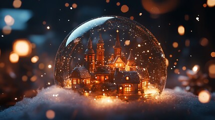 A whimsical snow globe concept for Christmas and New Year, showing a mini festive village inside, surrounded by falling snowflakes and glowing holiday lights, no text in the image,