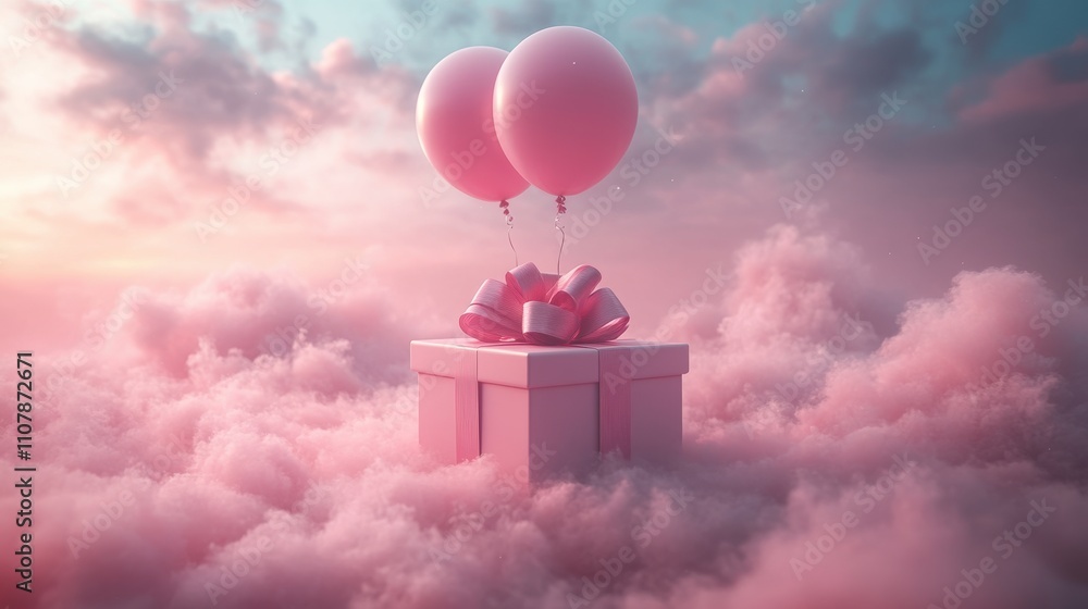 Poster gift box and balloon with cloud background 3d rendering