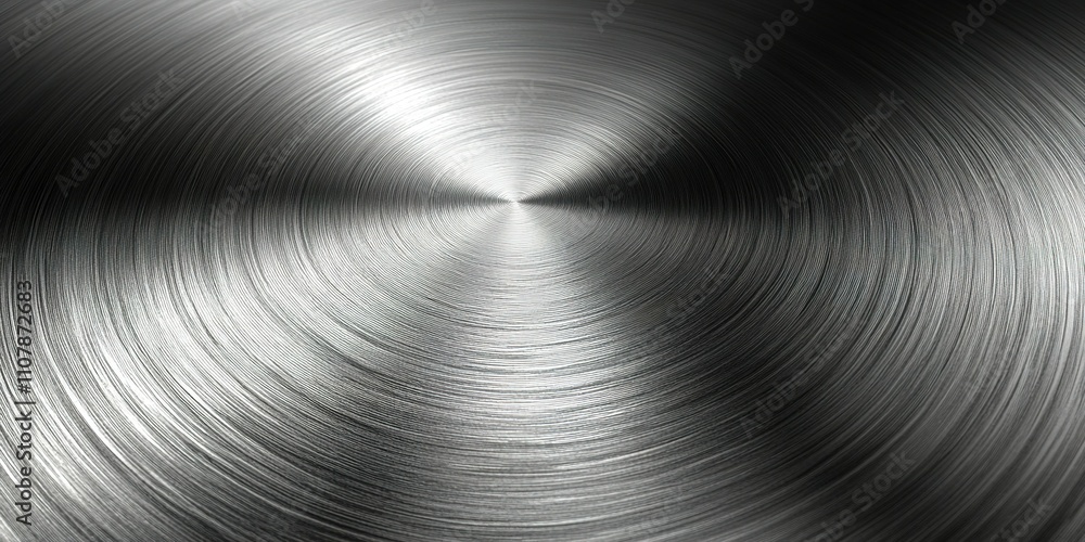Poster metal surface reflecting light with intricate circular patterns in a studio setting, showcasing prec