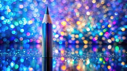 A single blue pencil standing tall against a backdrop of vibrant, shimmering, out-of-focus lights.
