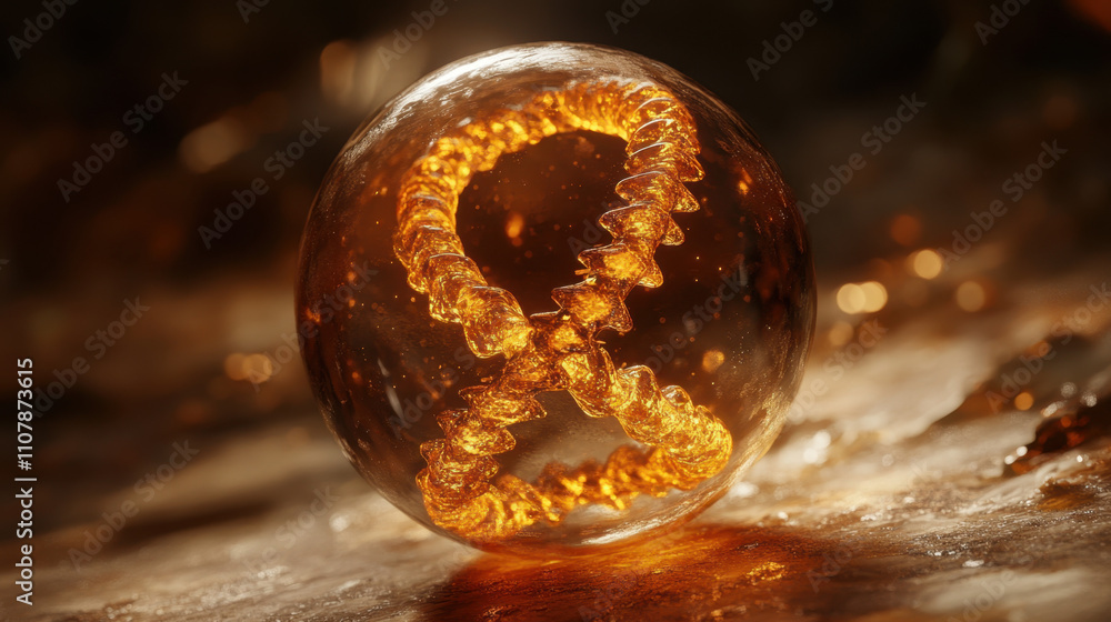 Poster dna, a glowing amber orb with intricate patterns, reflecting light in warm hues, creating an enchant