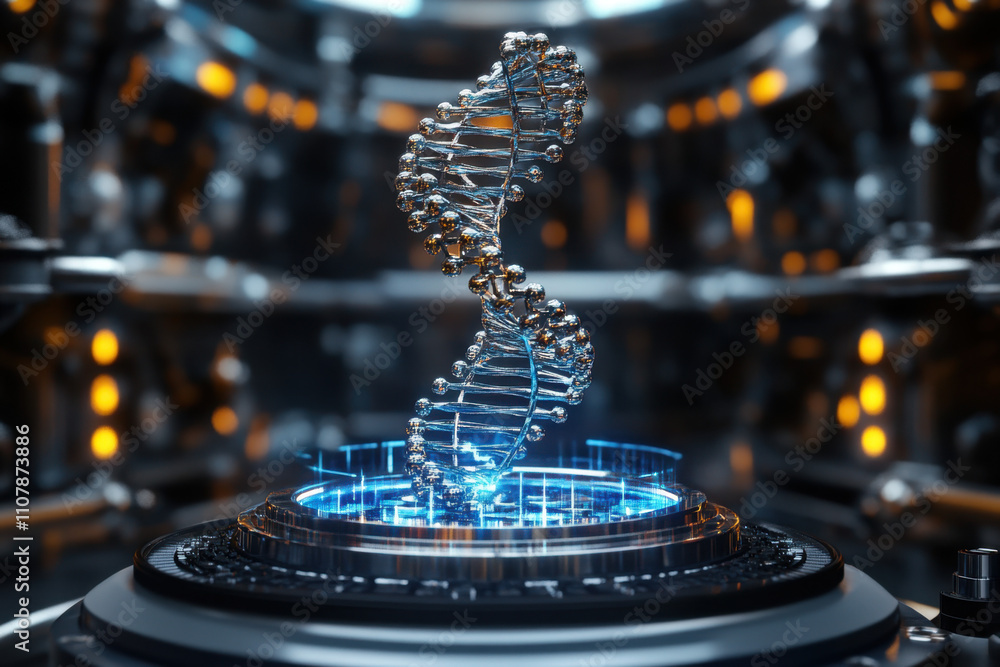 Poster dna, a futuristic 3d representation of a dna double helix, surrounded by a high-tech environment wit