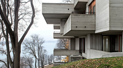 Naklejka premium Modern concrete building on a hillside overlooking a lake.