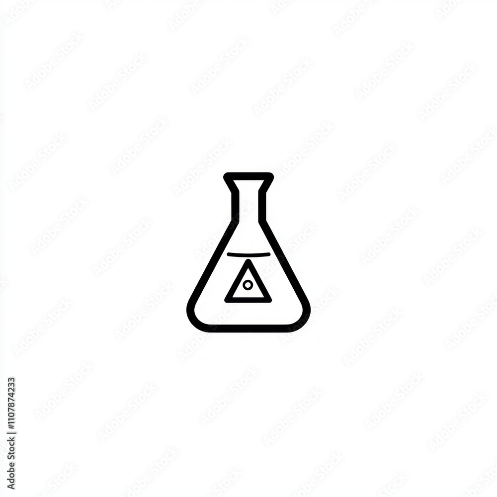 Poster simple line art icon of an erlenmeyer flask with a hazard symbol inside.
