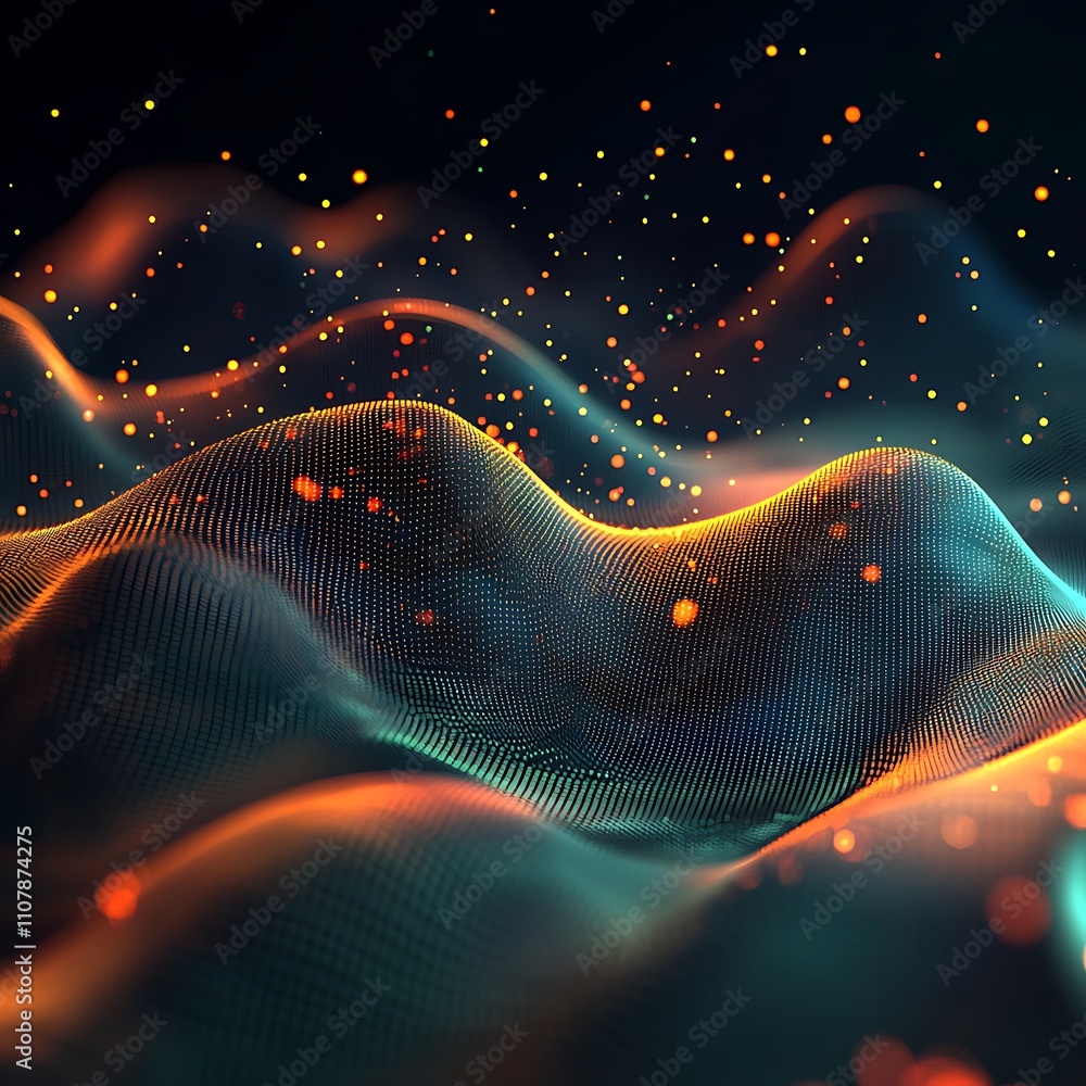 Poster this image depicts a digital wave made of glowing dots creating a futuristic abstract blue backgroun