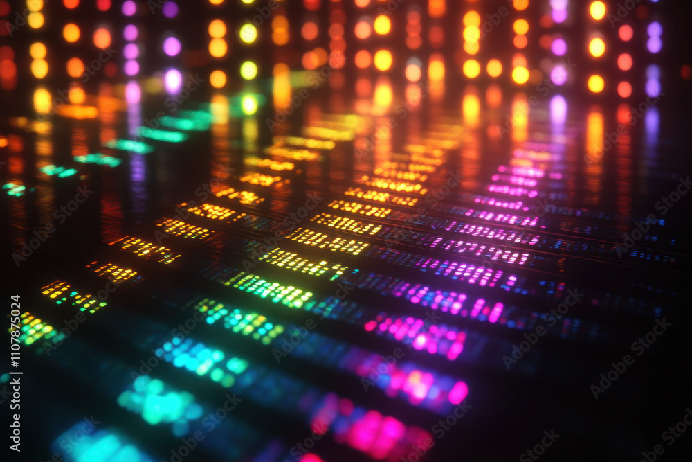 Poster dna, a vibrant display of colorful lights resembling a digital waveform, creating a futuristic and d