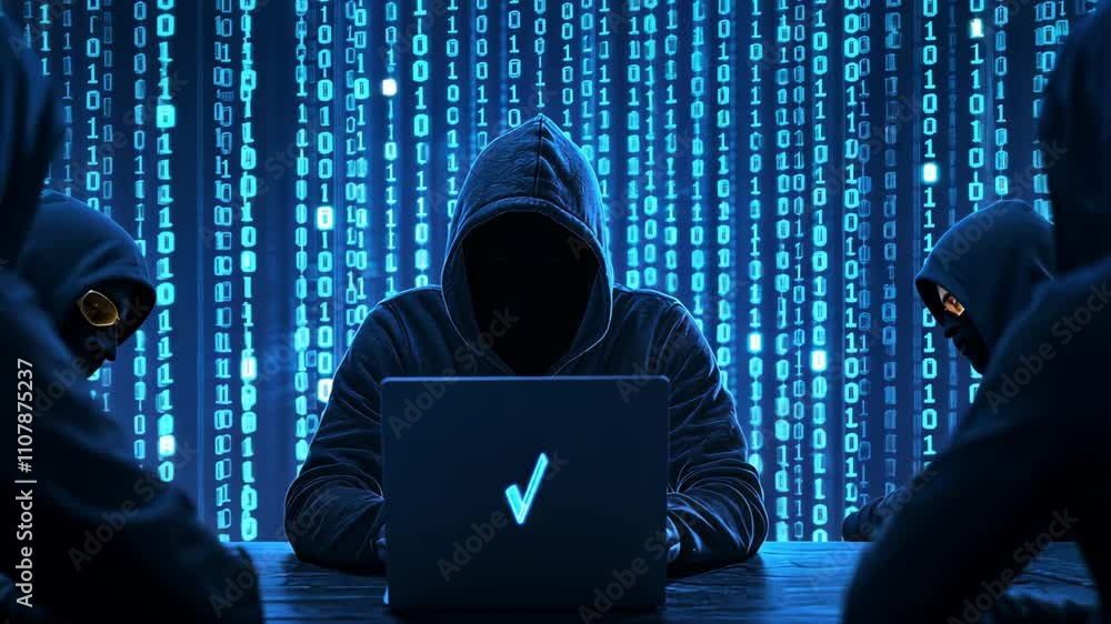 Poster cybersecurity hacker themed, dark figures in hoods cyber technology and security in computer world