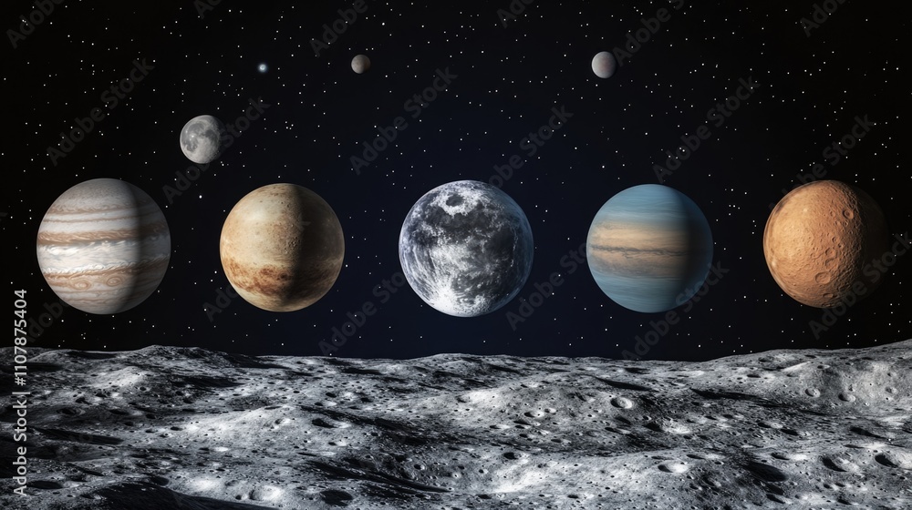 Poster group of planets visible in the night sky, perfect for astronomy or space-themed projects