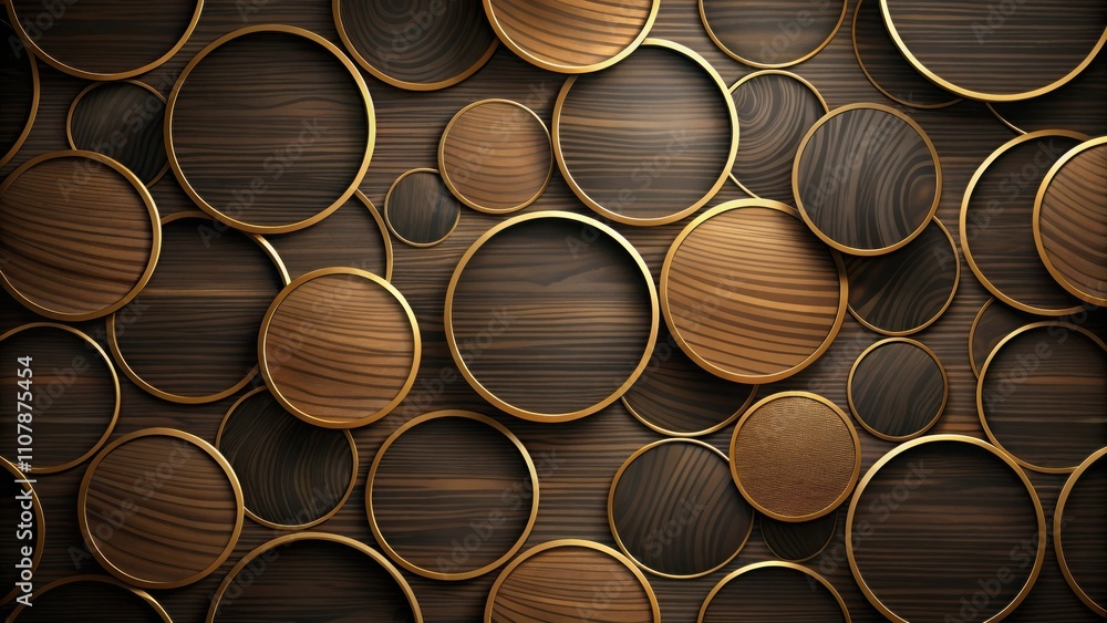 Poster golden-rimmed circles adorn a dark wood background, showcasing the intricate wood grain patterns wit
