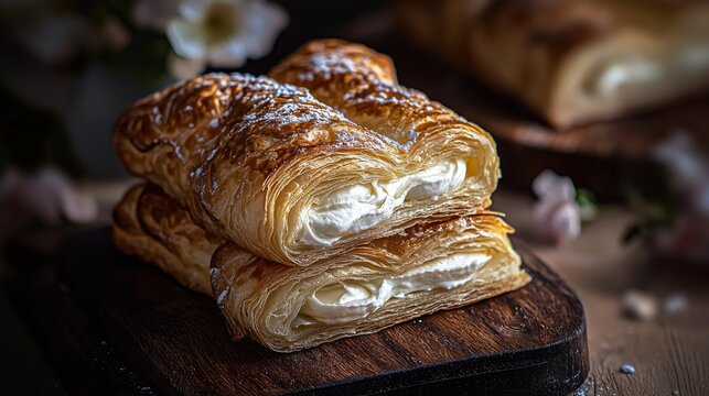 A rich creamy pastry sits on a rustic wooden board in a charming setting, beautifully decorated with flowers, conveying a sense of homemade artisan delicacy.