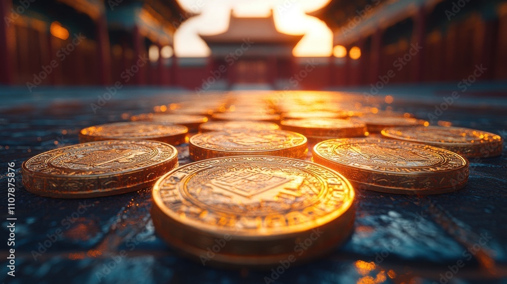 Aufkleber golden coins with chinese ancient building background 3d rendering