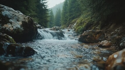 Flowing mountain stream with rocks and trees on foggy day