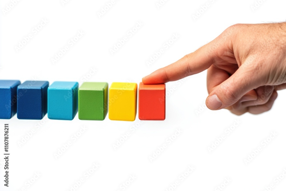 Poster A person's hand is shown pushing a colorful block into place as part of a construction project or creative activity