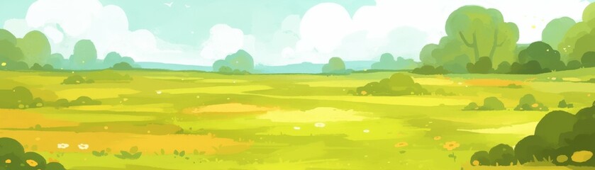 Obraz premium Wide banner. Vibrant green landscape with lush trees and a clear sky.