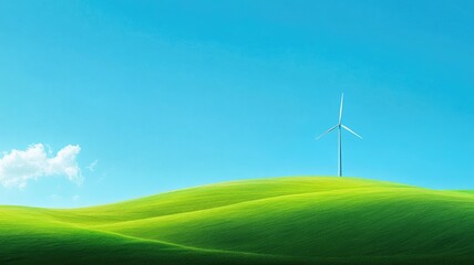 Fototapeta premium Wind turbine on green hill under bright blue sky with few clouds