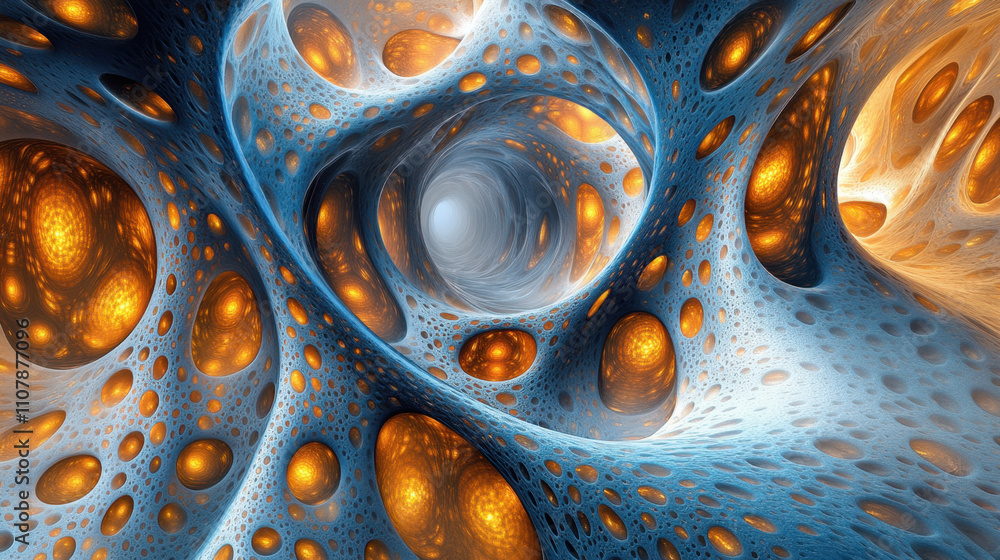 Poster dna, a mesmerizing abstract design featuring swirling patterns of blue and orange, creating a sense 
