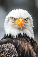 Obraz premium A close-up view of a bald eagle's head, featuring its distinctive yellow beak