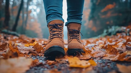 Autumnal Hike: Boots on a Leaf-Covered Path