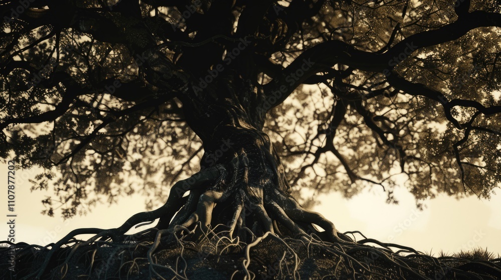 Poster Close-up view of a large tree with many roots visible