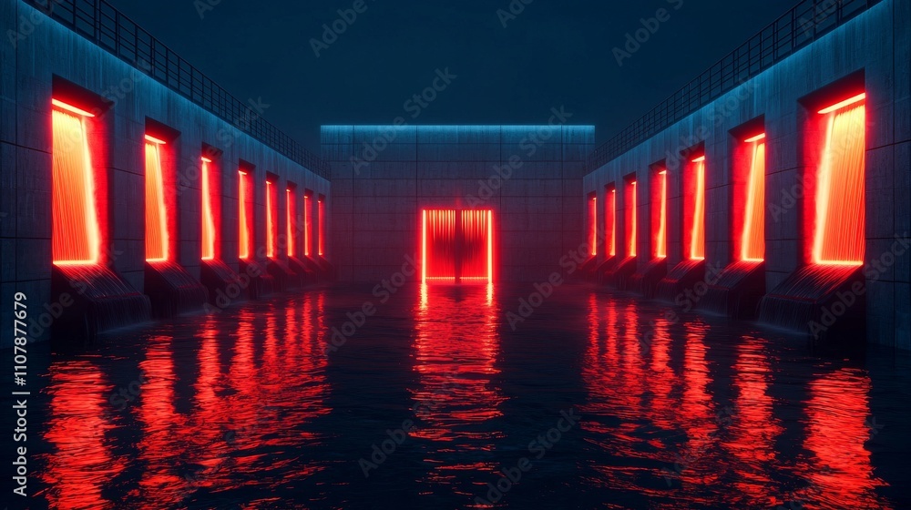 Poster a surreal scene featuring dark, reflective water and illuminated red windows, creating an atmospheri