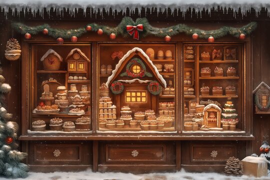 Christmas bakery window displaying delicious treats during snowfall