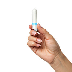 Hand holding a white tampon with a blue stripe on a transparent background