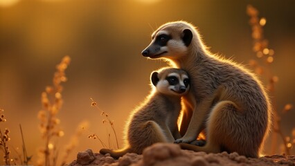 Obraz premium A meerkat mother and baby in the savanna, standing or nestled together. The mother's protective gaze contrasts with the baby's playful curiosity, set against a warm, golden landscape.
