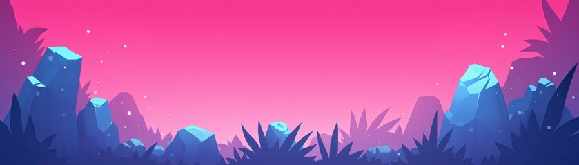 Obraz premium Wide banner. Colorful abstract landscape with rocks and foliage against a pink sky.